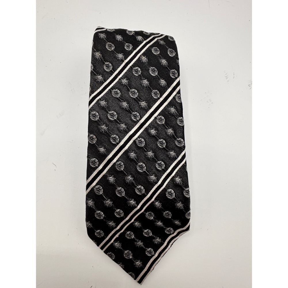 Emilio Ponti 100% Silk Classic Necktie Black Gray Striped Geometric Dot Pattern - Picture 2 of 5